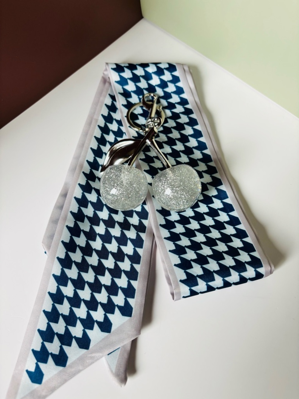 PURSE CHARMS White Glitter Cherry Keychain Charm, Scarf NWOT - Picture 1 of 3
